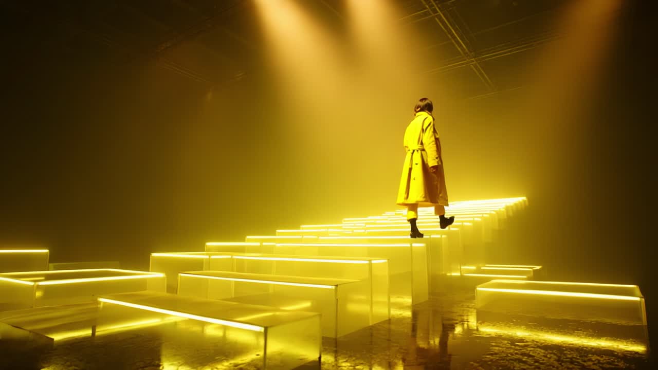 Woman Walking on Illuminated Stairs in a Yellow Light