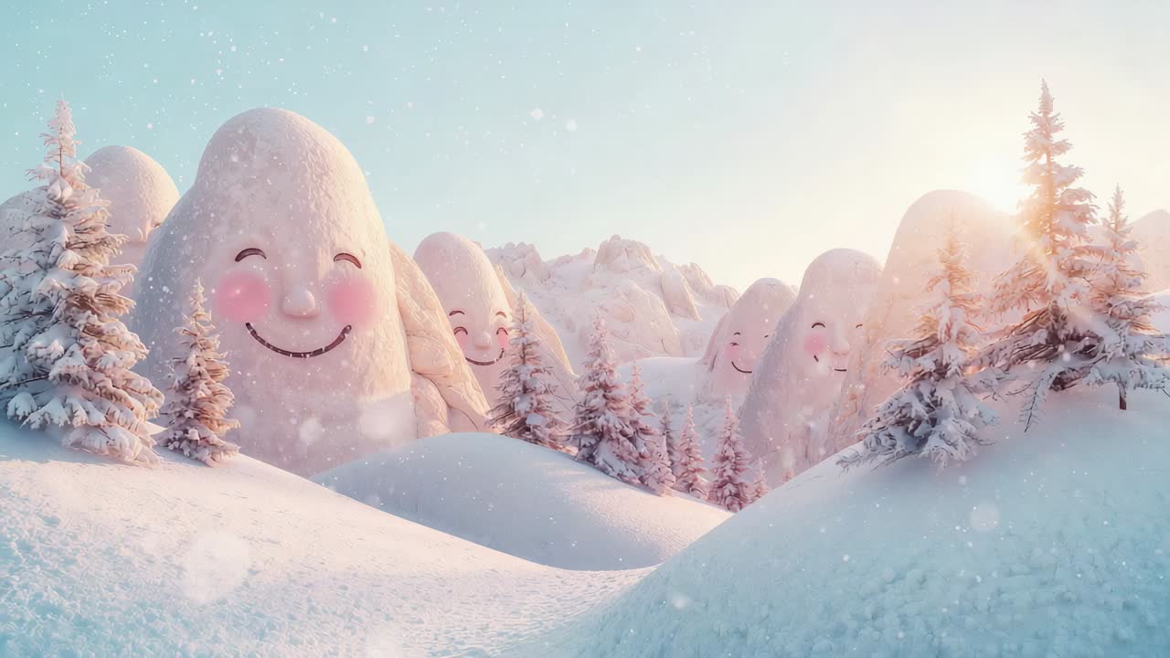 Panning camera revealing smiling mounds in snowy valley to show faces, sun creating rim glow