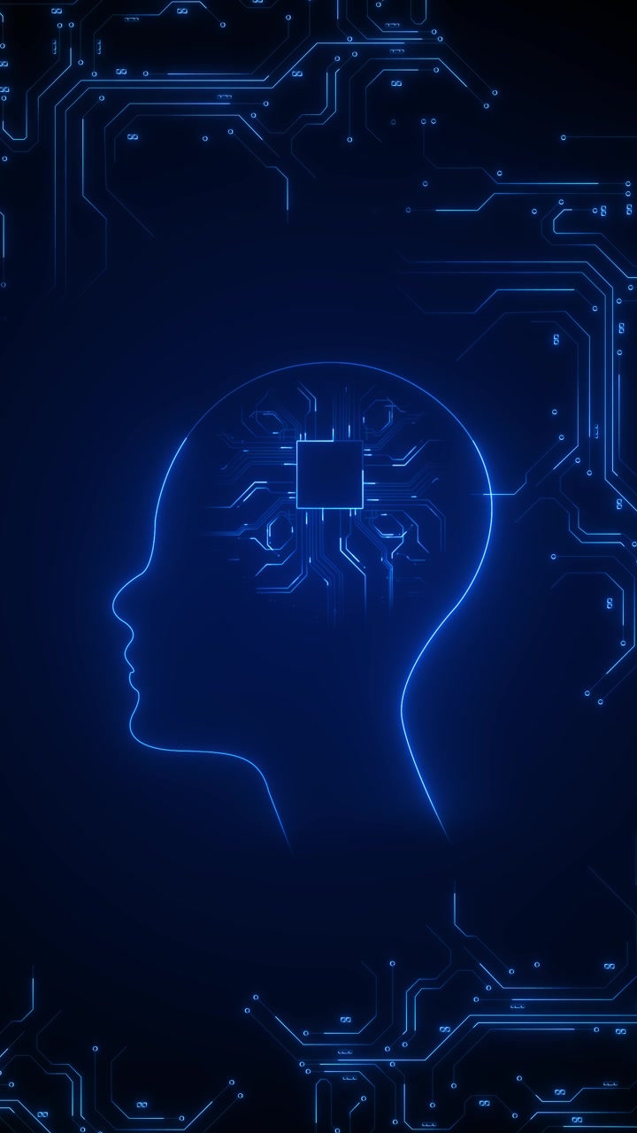 Futuristic human mind technology scene with blue silhouette processor detail and circuit board frame