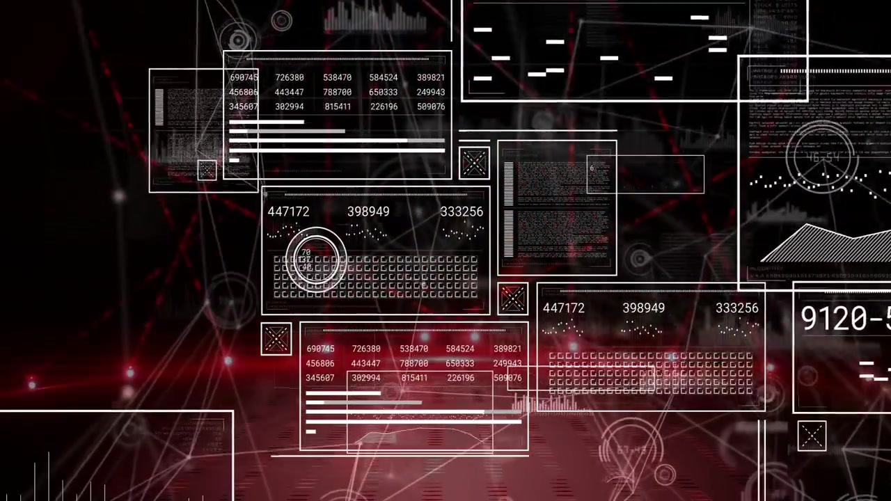 Red glow sweeping starting stacked panels appearing numbers updating gauge pulsing for monitoring