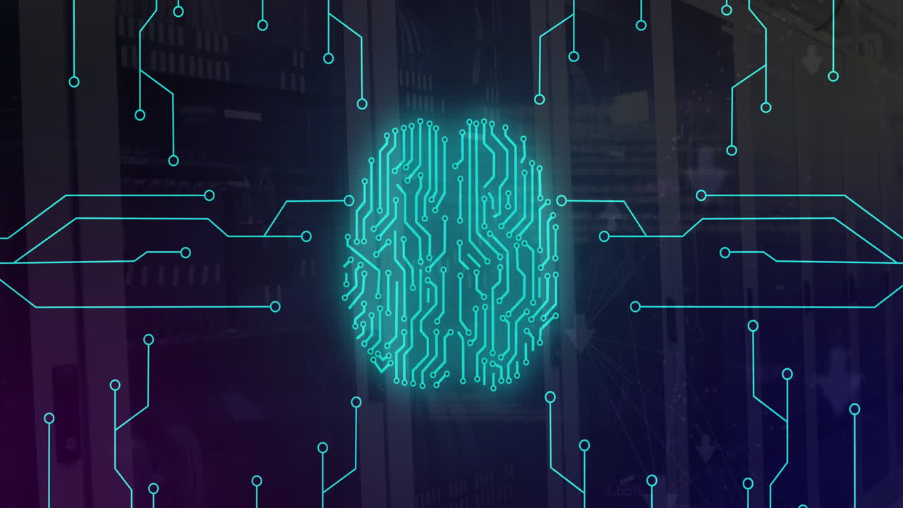 animación del patrón de la placa de circuito cerebro sobre los sistemas de servidor de datos en la sala de servidores