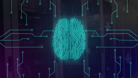 animación del patrón de la placa de circuito cerebro sobre los sistemas de servidor de datos en la sala de servidores