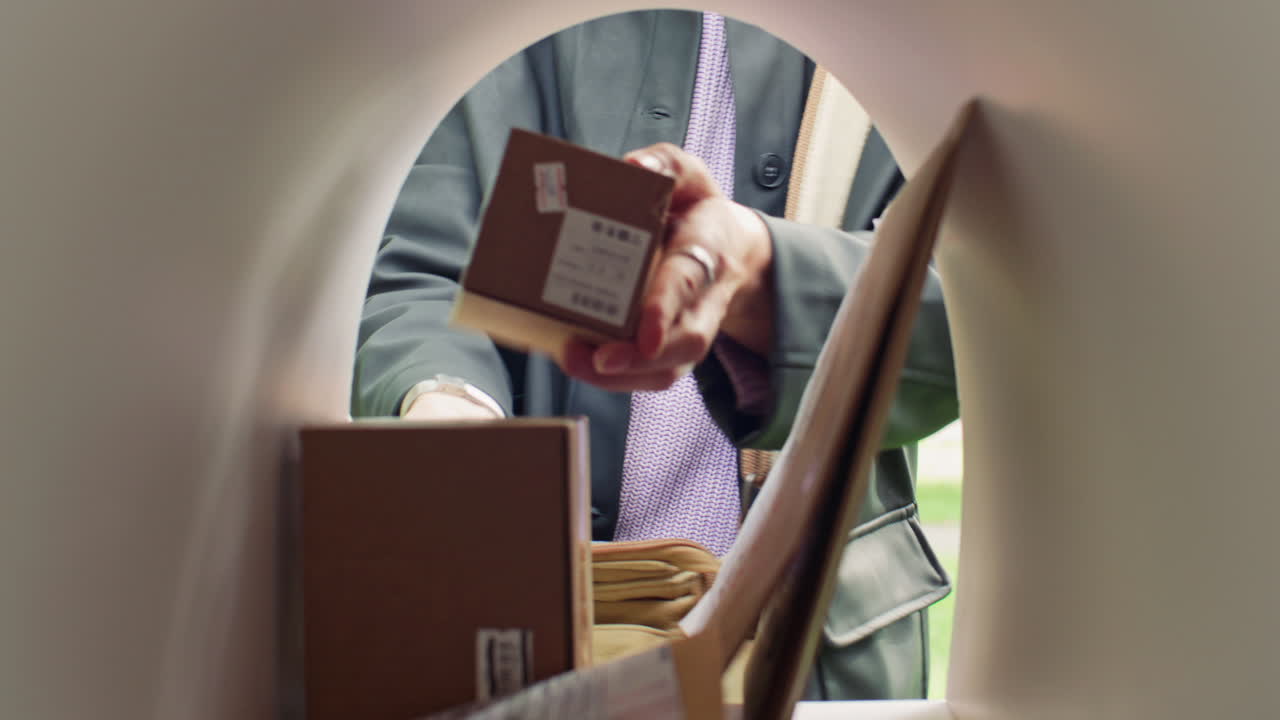 Close Up of Female Mail Carrier Putting Envelopes and Parcels into Mailbox