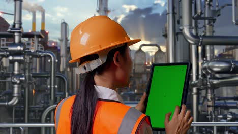 industrial engineer monitoring operations on green screen tablet