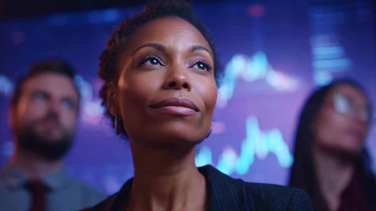 In a dynamic and fast-paced environment, a confident leader stands firm, gazing towards the future with determination and vision, surrounded by colleagues who share a common goal of success and innovation