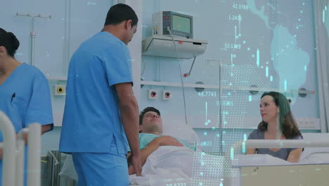animation of data processing over diverse male doctor and male patient in hospital