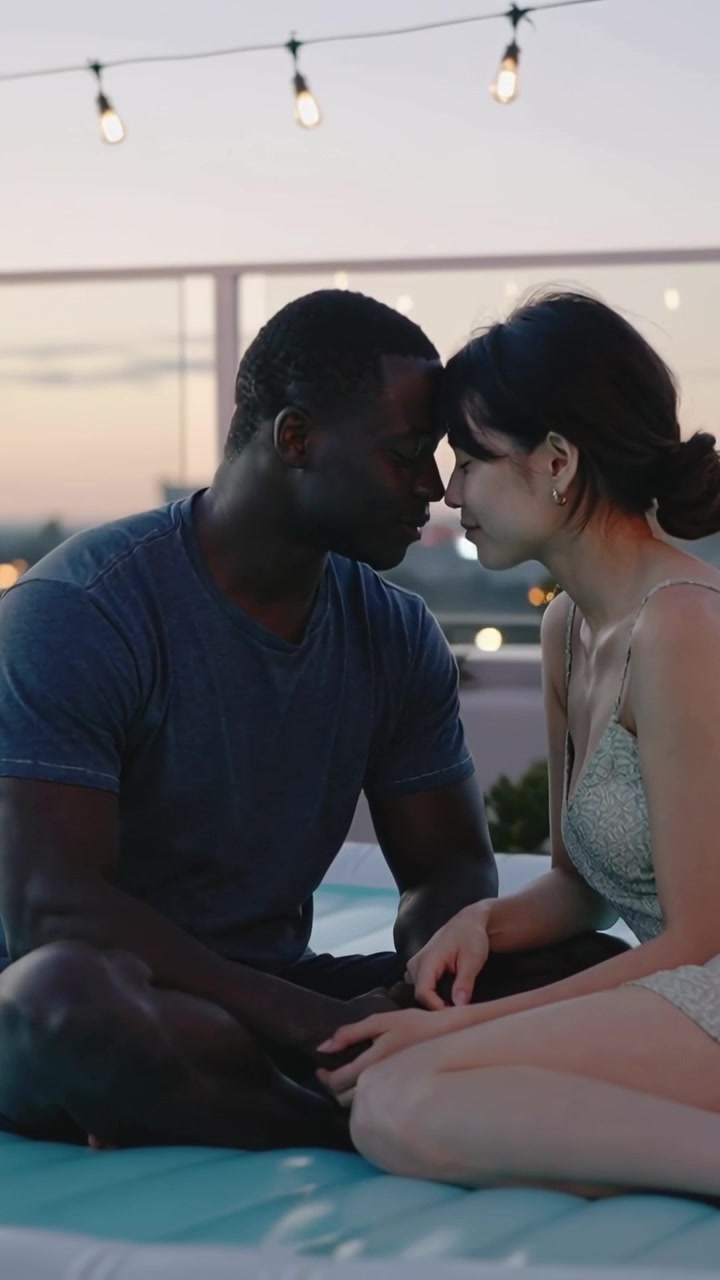 Vertical video: Reaching couple leaning on mat by rooftop pool at dusk, in tee and dress connecting