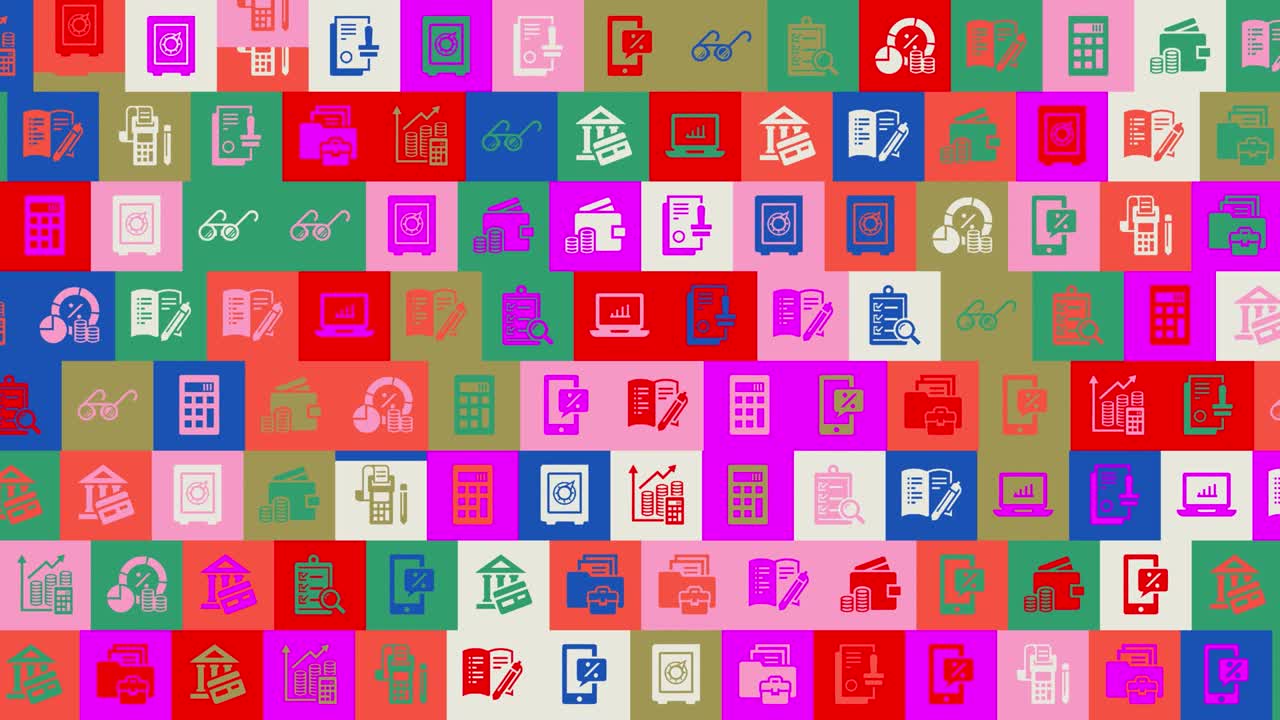 día internacional de la contabilidad. fondo. patrón sin costuras. animación de mosaico de bucle. estandarte o telón de fondo con iconos, logotipos o ilustraciones multicolores que parpadean
