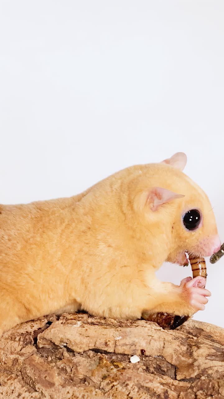 Un petauro dello zucchero di colore chiaro mangia vermi della farina da pinzette mentre è appollaiato su un tronco dalla superficie ruvida.