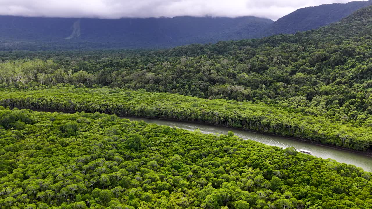 Aerial view of a boat traveling on winding river through dense rainforest under cloudy daylight