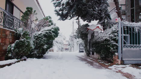 Seltene-Medea-Schneebedeckter-Athener-Hausgarteneingang-Nach-Stürmischem-Schneesturm