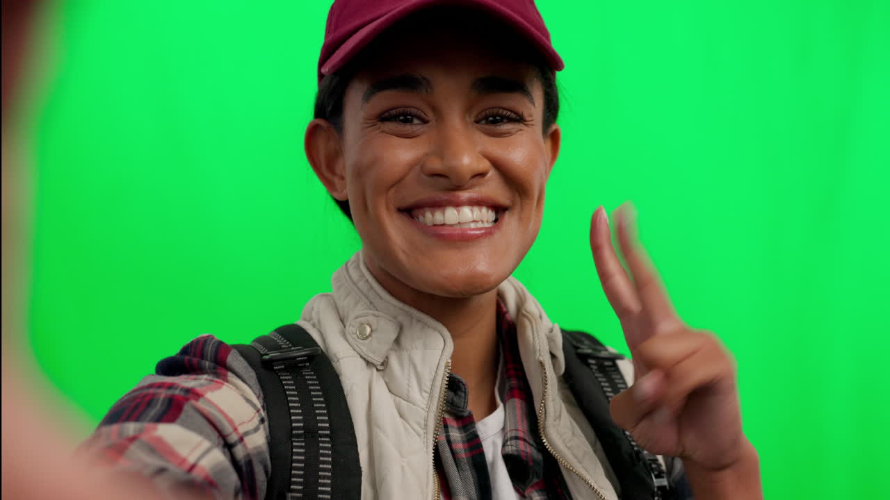 mujer feliz, sonrisa y signo de paz para la selfie