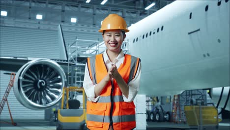 ingeniera asiática con casco de seguridad de pie con aviones en el hangar, sonriendo a la cámara y aplaudiendo mientras el mantenimiento de aviones