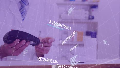 animation of financial data processing over man using payment terminal