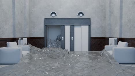 flooded building interior with elevator