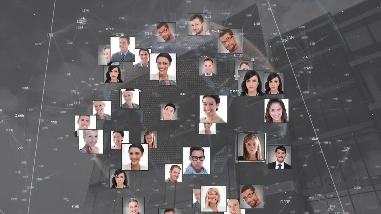 Animation of globe with network of people's photographs over modern building