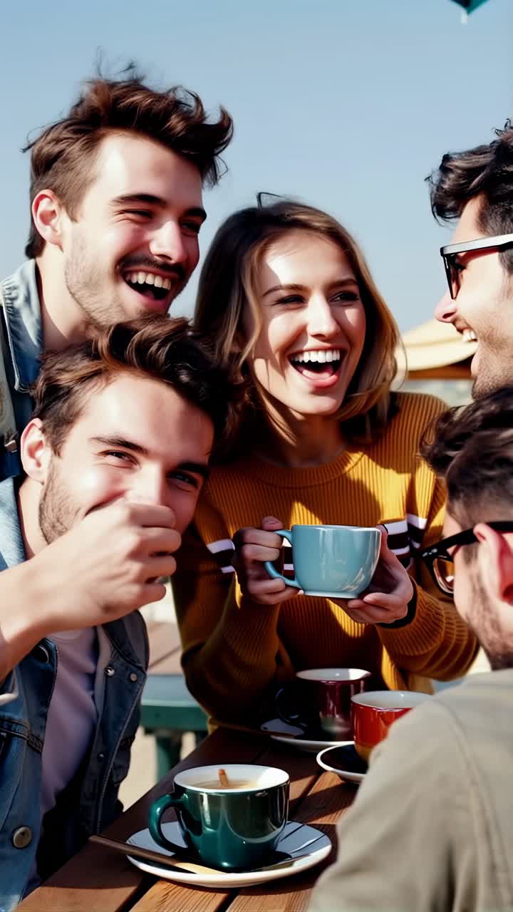 Group of young people having breakfast together outdoors.
