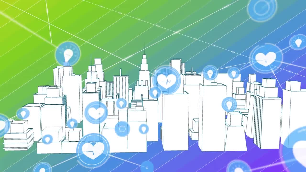 도시 풍경 위의 아이콘으로 연결된 네트워크의 애니메이션