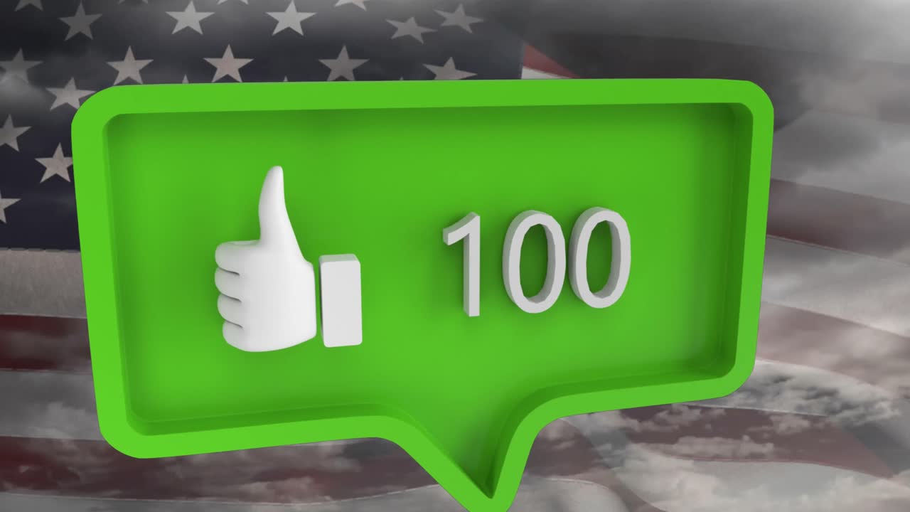 animación de burbuja de habla con números y como icono sobre nubes y bandera de ee.uu.