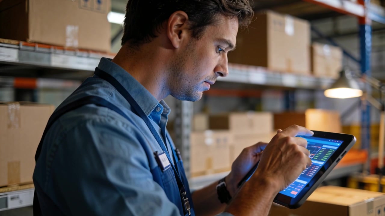 Reviewing charts, warehouse tech tapping and scrolling tablet, verifying stock in aisle, blue shirt