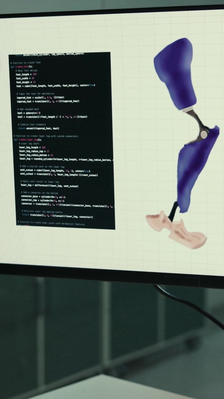 Computer Screen Displaying 3D Modeling Code and Prosthetic Leg Design