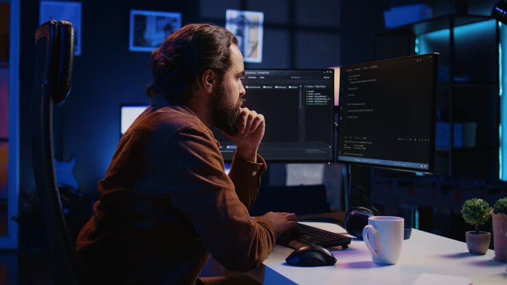 IT specialist sitting at computer desk, working on desktop PC