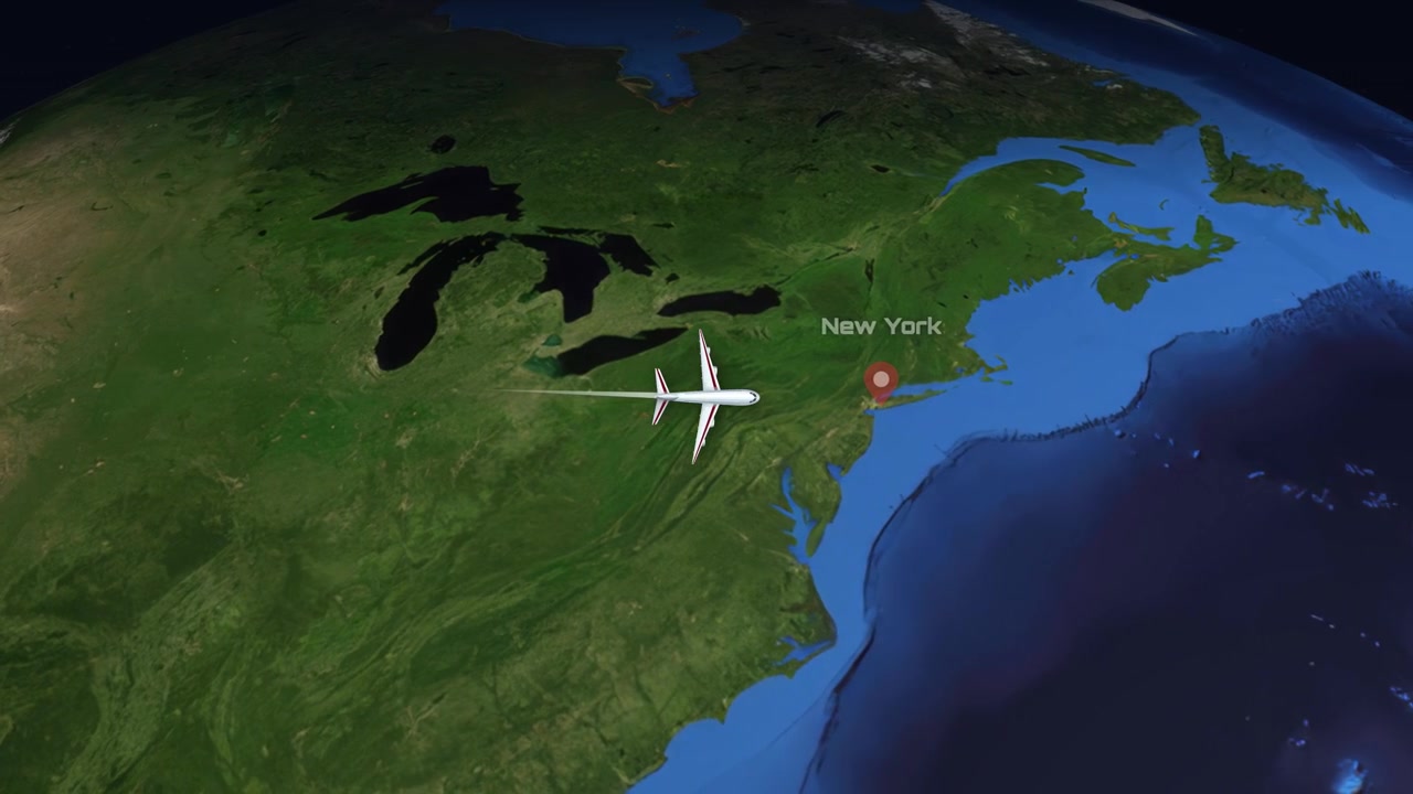 Satellite animation shows a commercial airplane flying west to east across the United States
