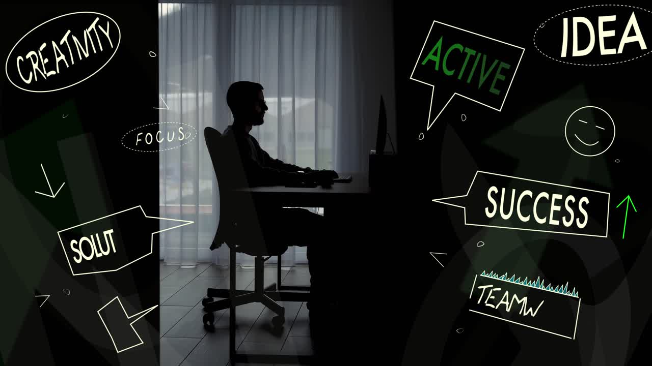 Silhouette of working man at a computer - Digital overlays - Creativity, Success, Solution, Idea, Teamwork, Focus, Active