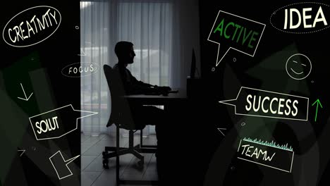 silhouette of working man at a computer - digital overlays - creativity, success, solution, idea, teamwork, focus, active