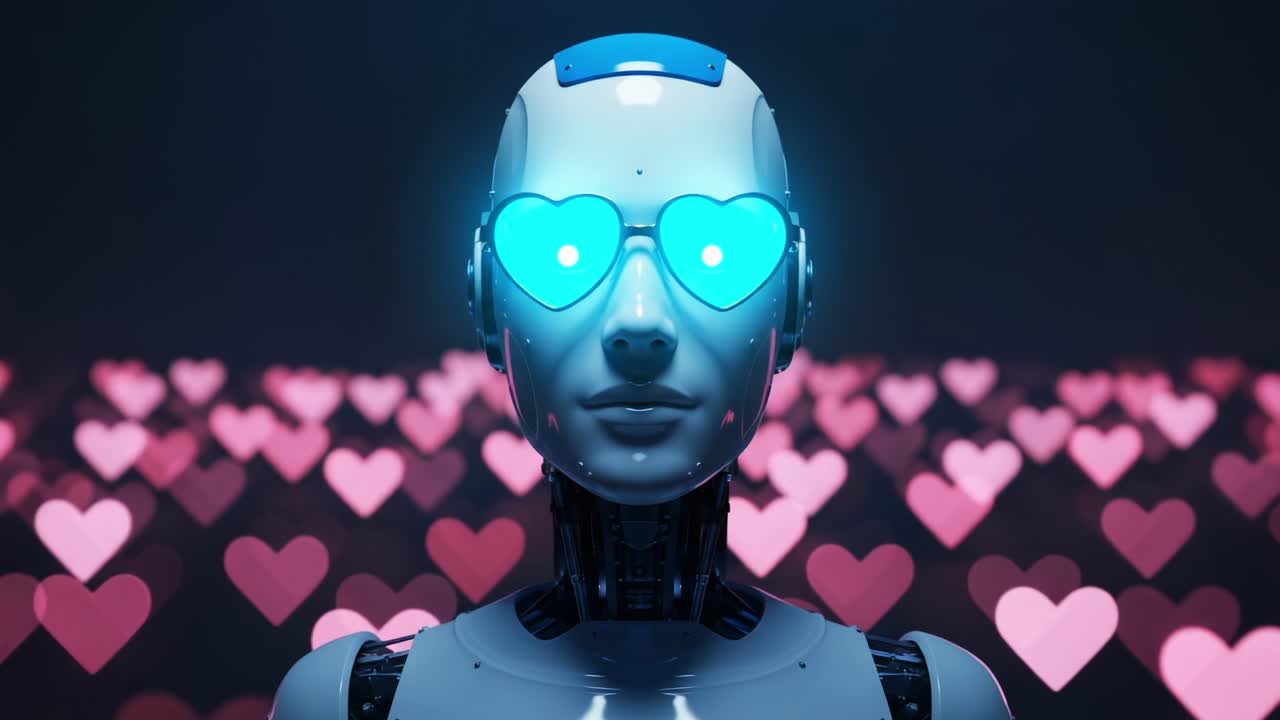 Một robot tương lai đeo kính hình trái tim, được bao quanh bởi những trái tim bay lơ lửng, thể hiện sự giao thoa giữa công nghệ và cảm xúc trong một phong cảnh tình yêu kỹ thuật số.