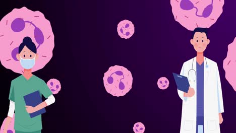 Animation-of-caucasian-doctors-over-pink-cells-on-violet-background
