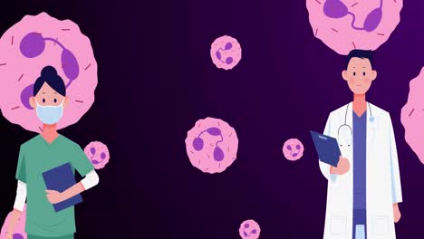 animación de médicos caucásicos sobre células rosadas en un fondo violeta
