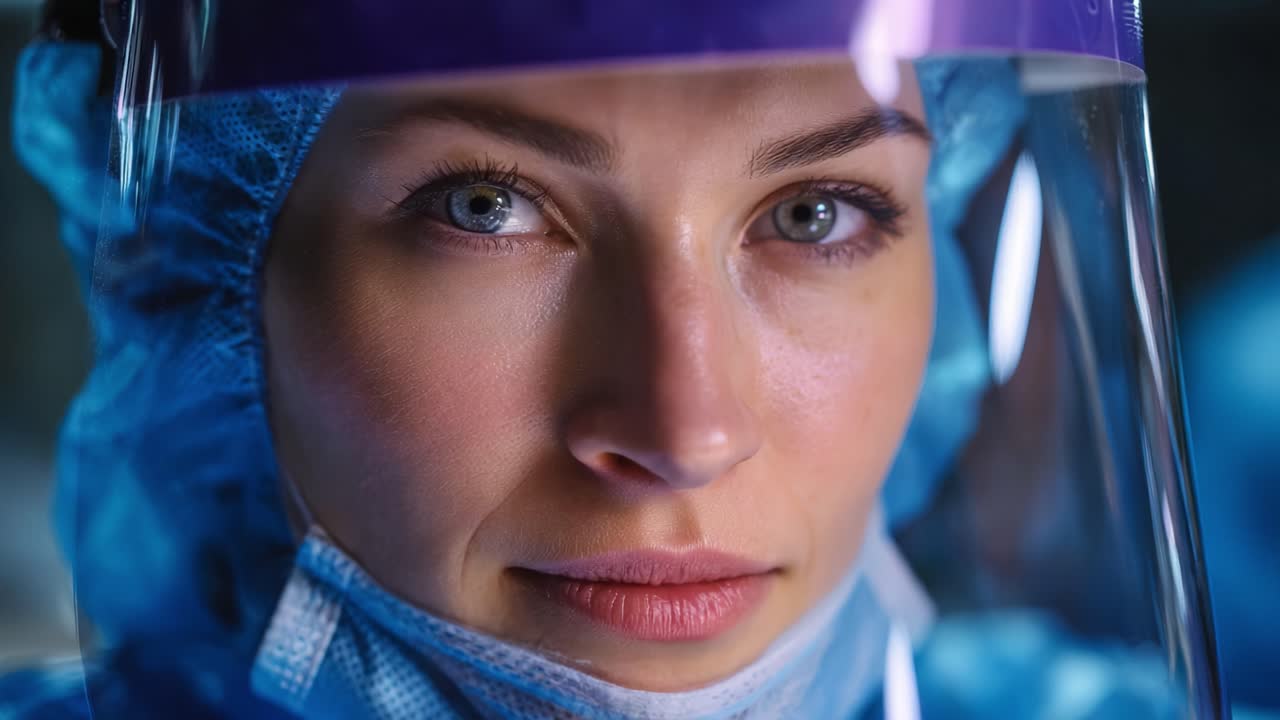 Intenst fokus: Nærbillede af sundhedspersonale i beskyttelsesudstyr, der udviser engagement i sikkerhed og patientpleje