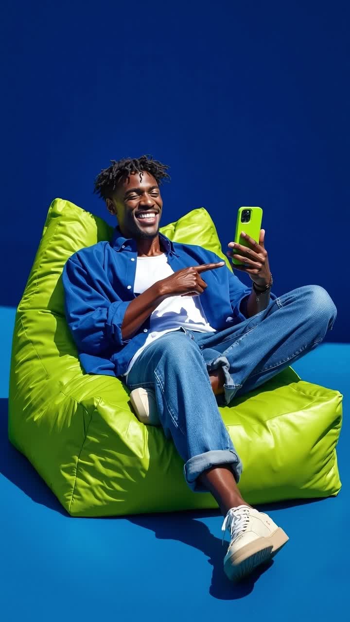 A man sitting on a bean bag chair looking at his phone
