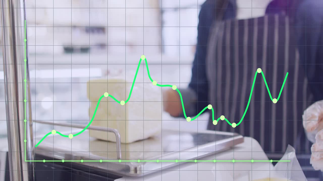 animación del procesamiento de datos sobre una asistente de tienda caucásica que pesa queso