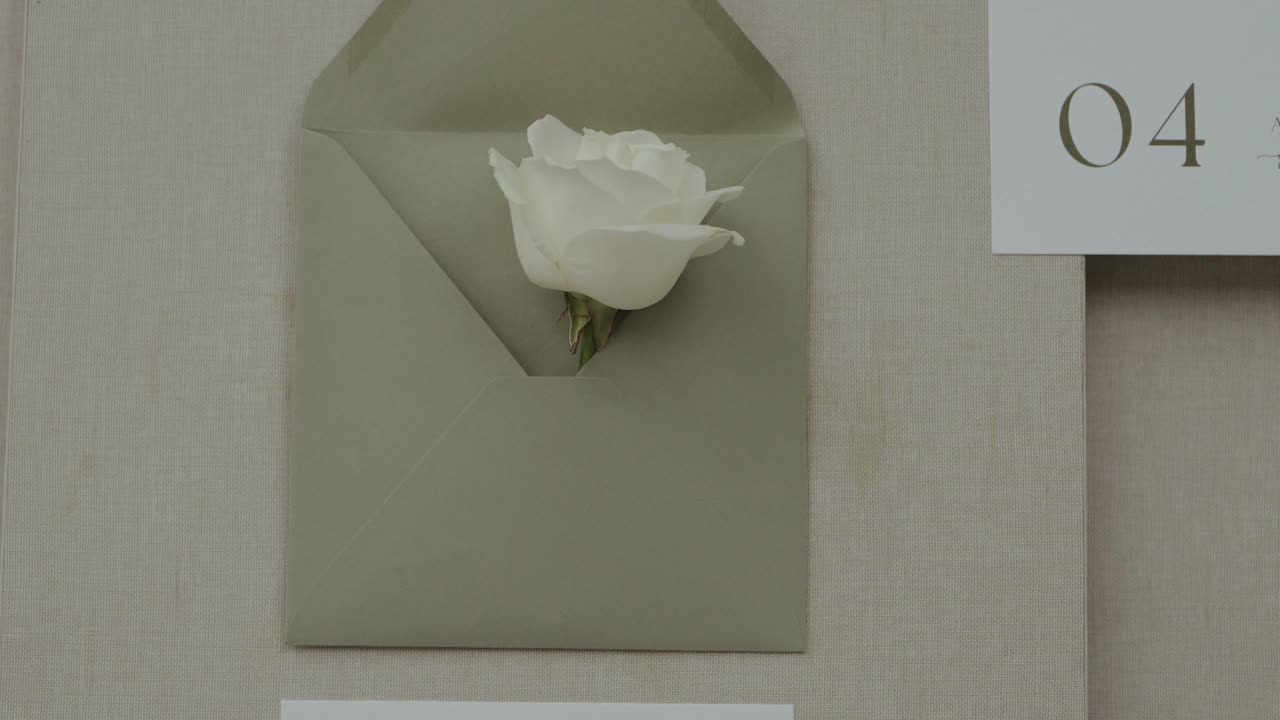 미니멀리즘 벽 장식으로 활용된, 열린 봉투 안에 담긴 흰 장미 한 송이