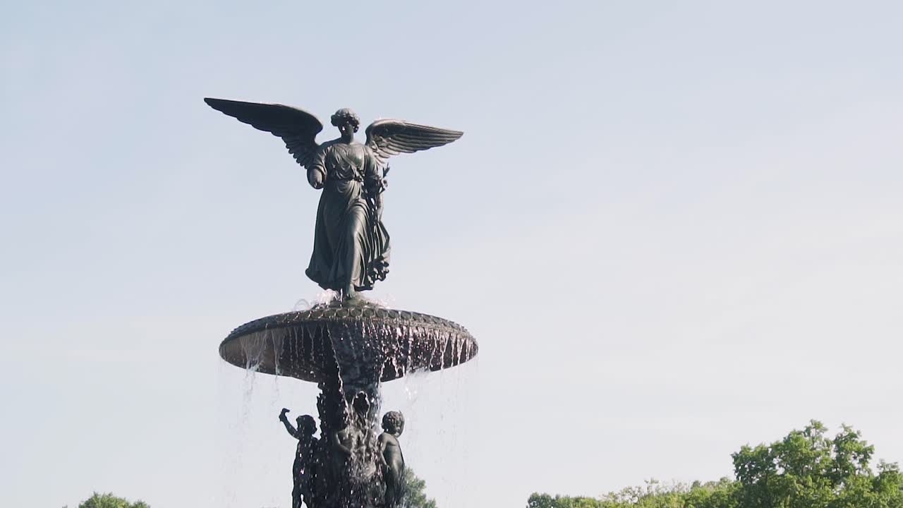 Bethesda Fountain, Central Park, New York USA, Slow Motion. Close Up of Landmark on Sunny Day