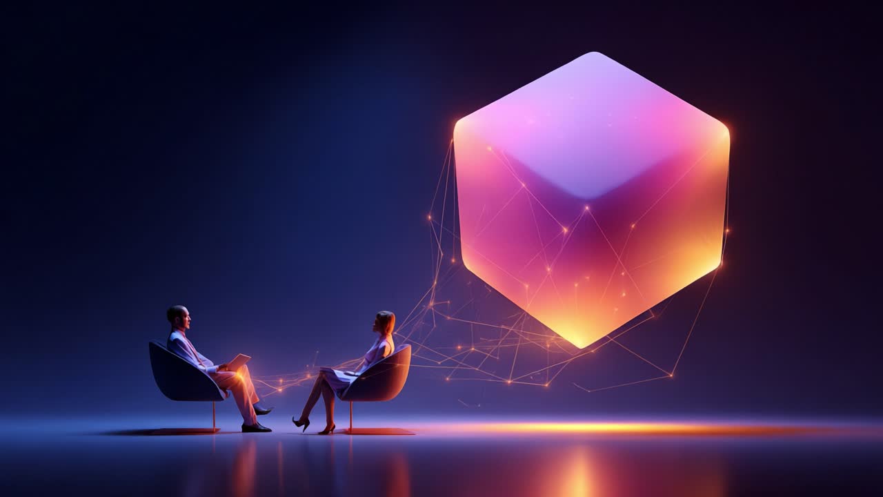 Engaging with Enigma: A Captivating Scene of Two Individuals Deep in Discussion, Surrounded by an Ethereal Cubic Form Emitting a Luminous Aura and Interconnected Through Imaginary Lines