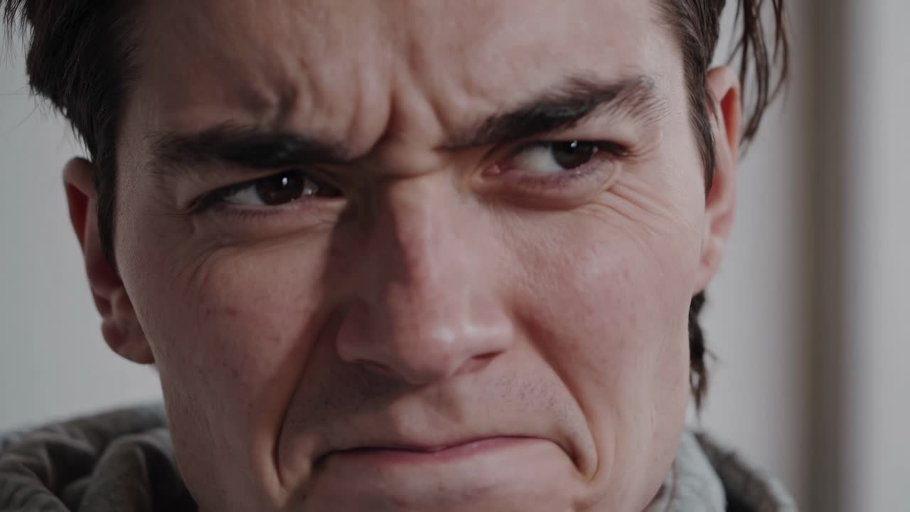 Close-up video shot of a person with a furrowed brow, capturing intense emotion