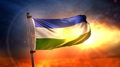 bashkortostan flag backlit at beautiful sunrise loop slow motion 4k