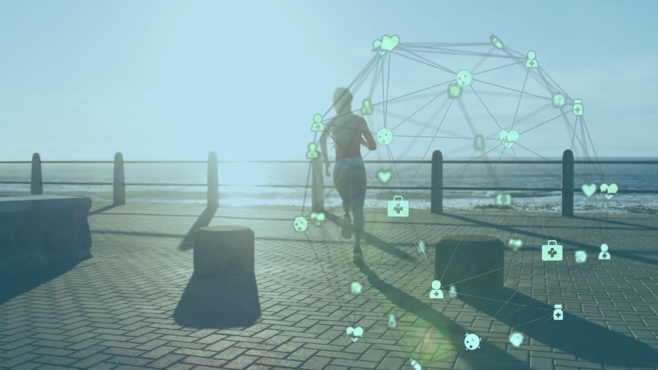 바 ⁇ 가의 산책로에서 조 ⁇ 하는 여성에 대한 연결 네트워크의 애니메이션