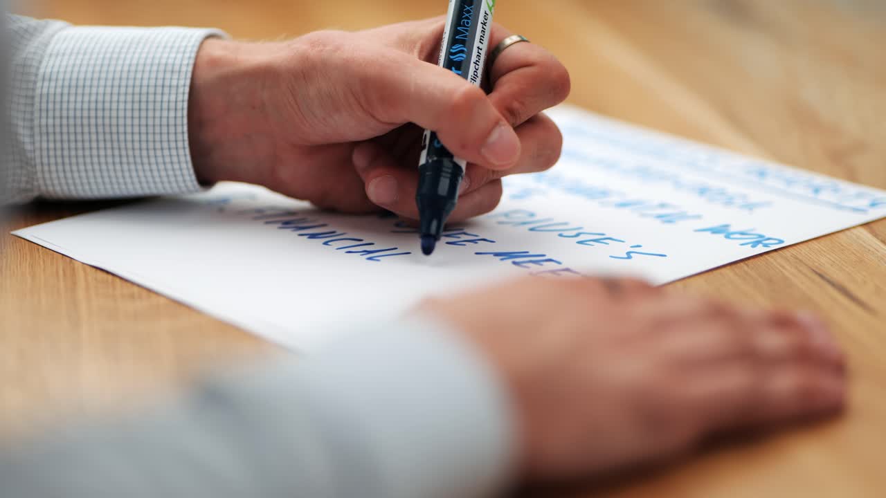 Business Insight: Man&acute;s Hand Strategically Brainstorming and Writing on Paper at Workspace
