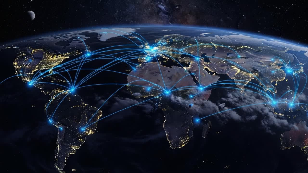 A Global Perspective on Connectivity: Highlighting the Interconnectedness of Cities Across Continents through Digital Networks and Illuminated Pathways in Space