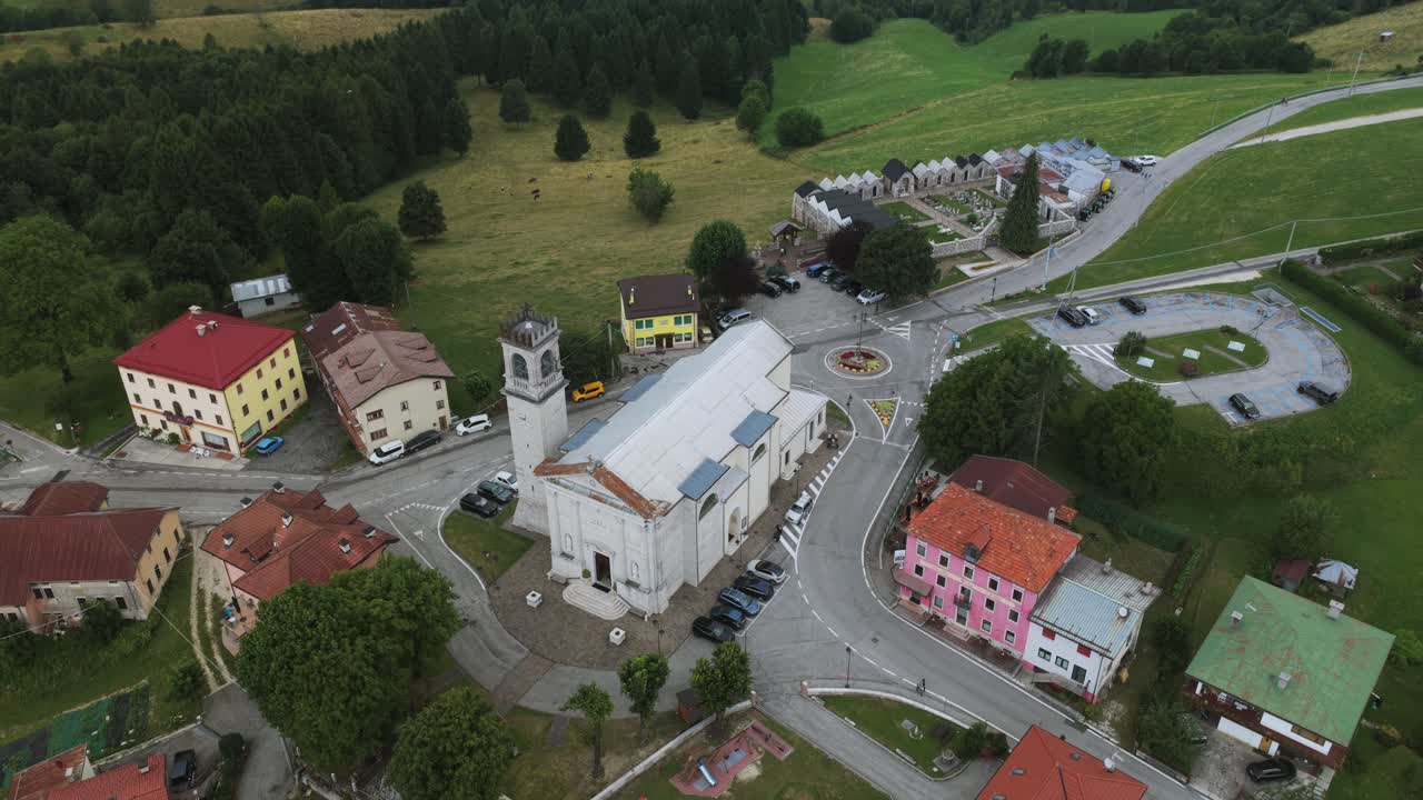 San Luigi Gonzaga church, Treschè Conca, Italy. Aerial top-down view