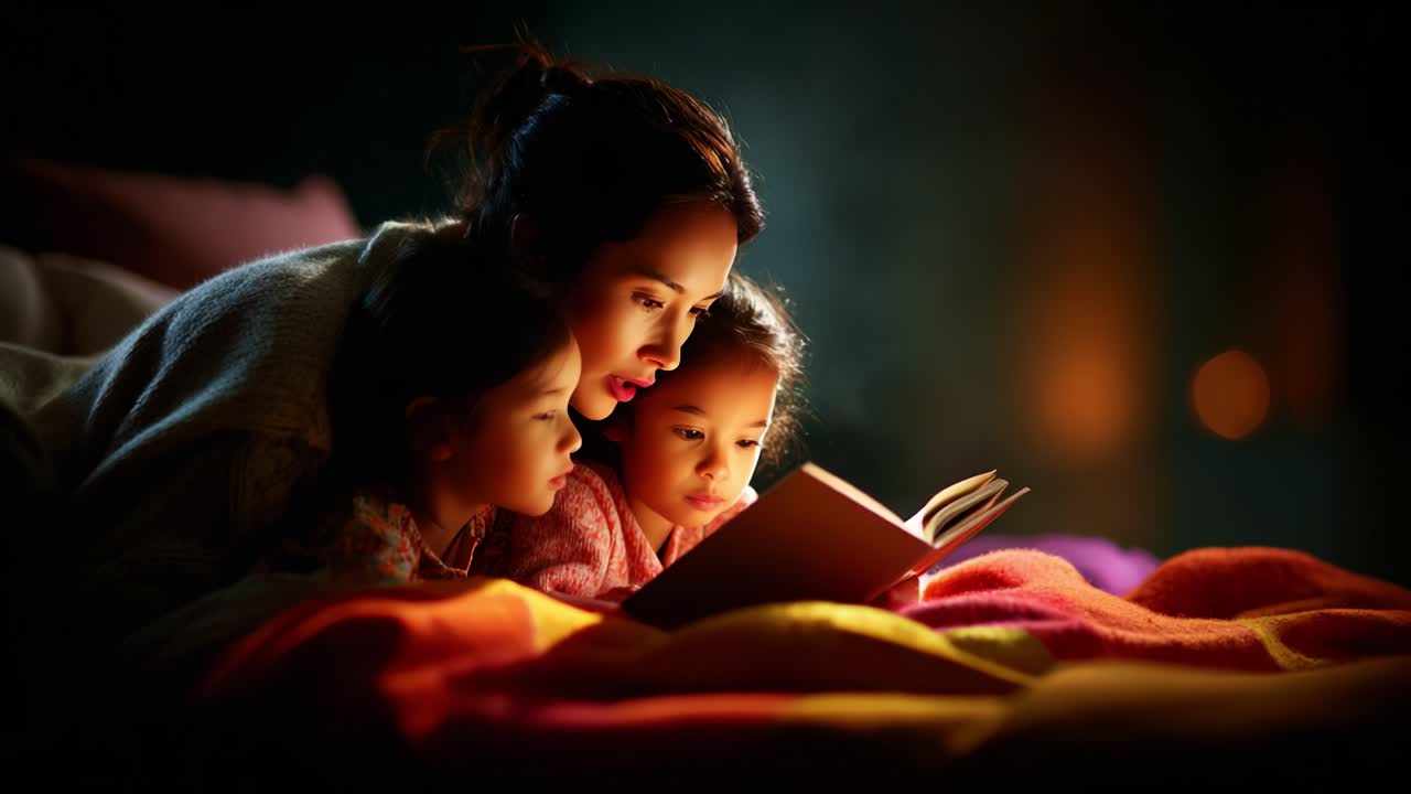 A Heartwarming Moment: A Parent Reading to Her Children, Capturing the Joy and Wonder of Shared Stories, Illuminated by the Soft Glow of a Cozy Environment, Creating Lasting Memories