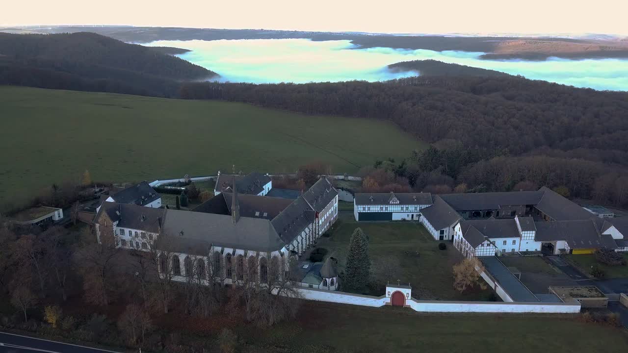 Panoramic aerial view of the Mariawald Abbey monastery in Heimbach, Germany.