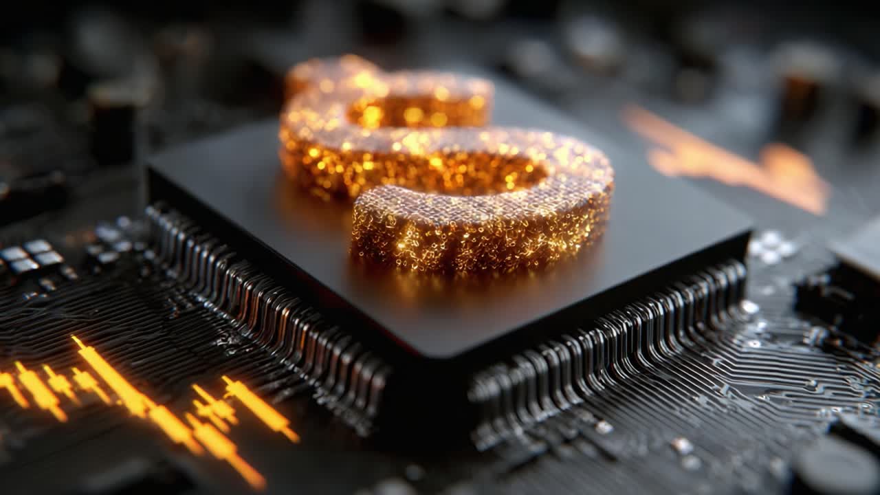 A Stunning Close-Up of a Glowing Golden Symbol on a Circuit Board, Showcasing Vibrant Technology and Modernistic Design in a Neural Network Context