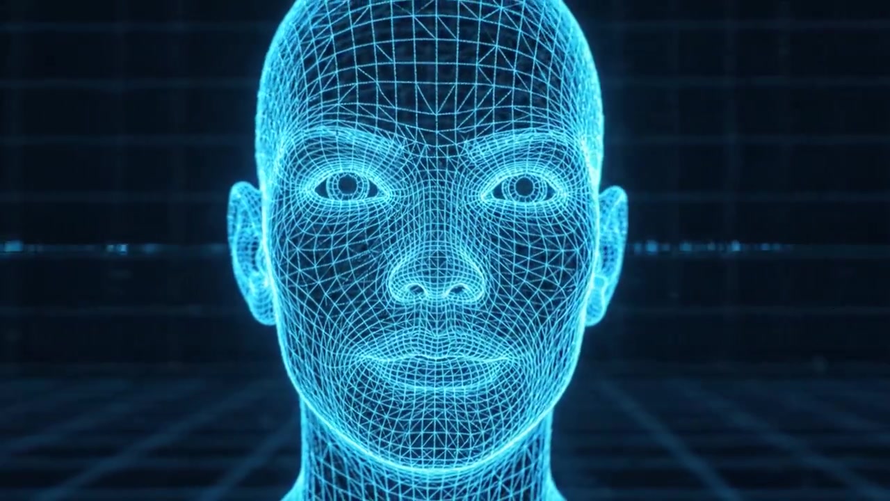 A Futuristic Glimpse of Artificial Intelligence: A Detailed Overview of a 3D Wireframe Representation of a Human Face in a Futuristic Digital Space