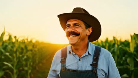 happy farmer in corn field at sunset