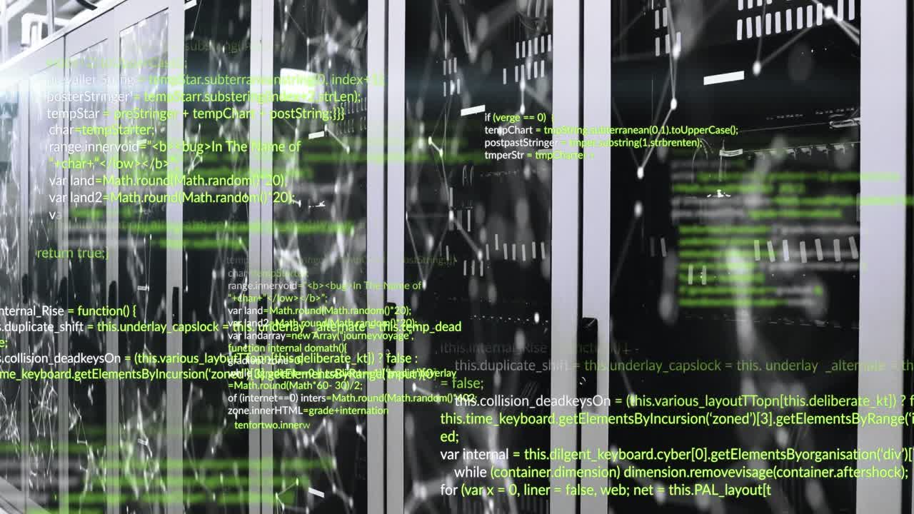 Animation of computer languages and illuminated connected dots moving on data server systems